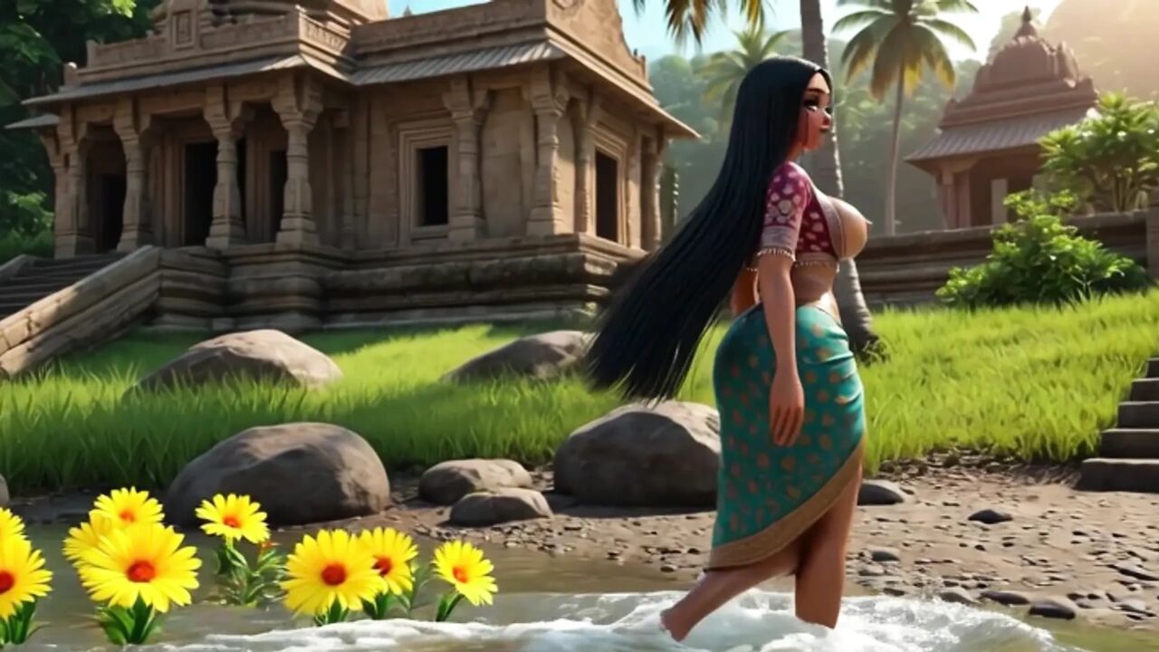 Beautiful Indian Girls With Very Big Boobs Pose Provocatively Bathing In Ganges And Palace Pool Cartoon Style