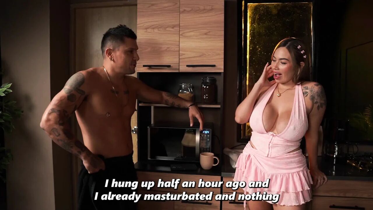 A muscular guy gets really horny after a drink, and his roommate helps him out with her big tits
