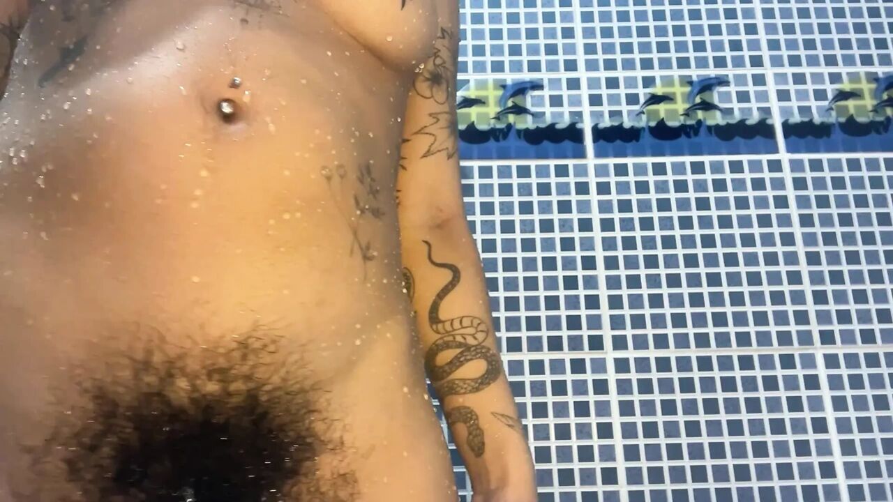 Latina Arabian goddess playing with her own hairy pussy after shower