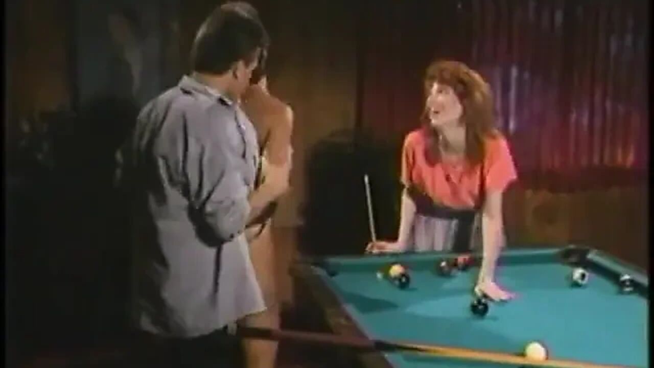 Sexy babes and horny stud fucking cute babes pussy as she lays on the pool table