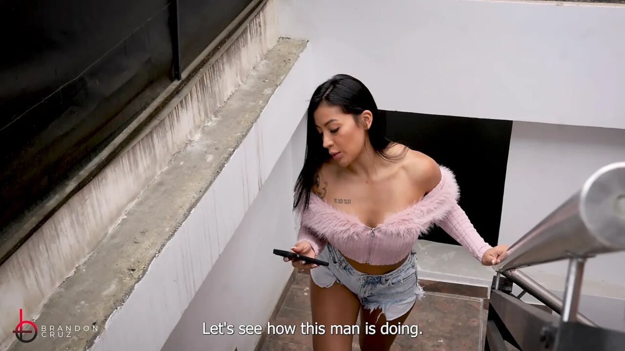 A construction worker inserts his large penis into his busty boss on a terrace - Brandon Cruz & Mariana Martix