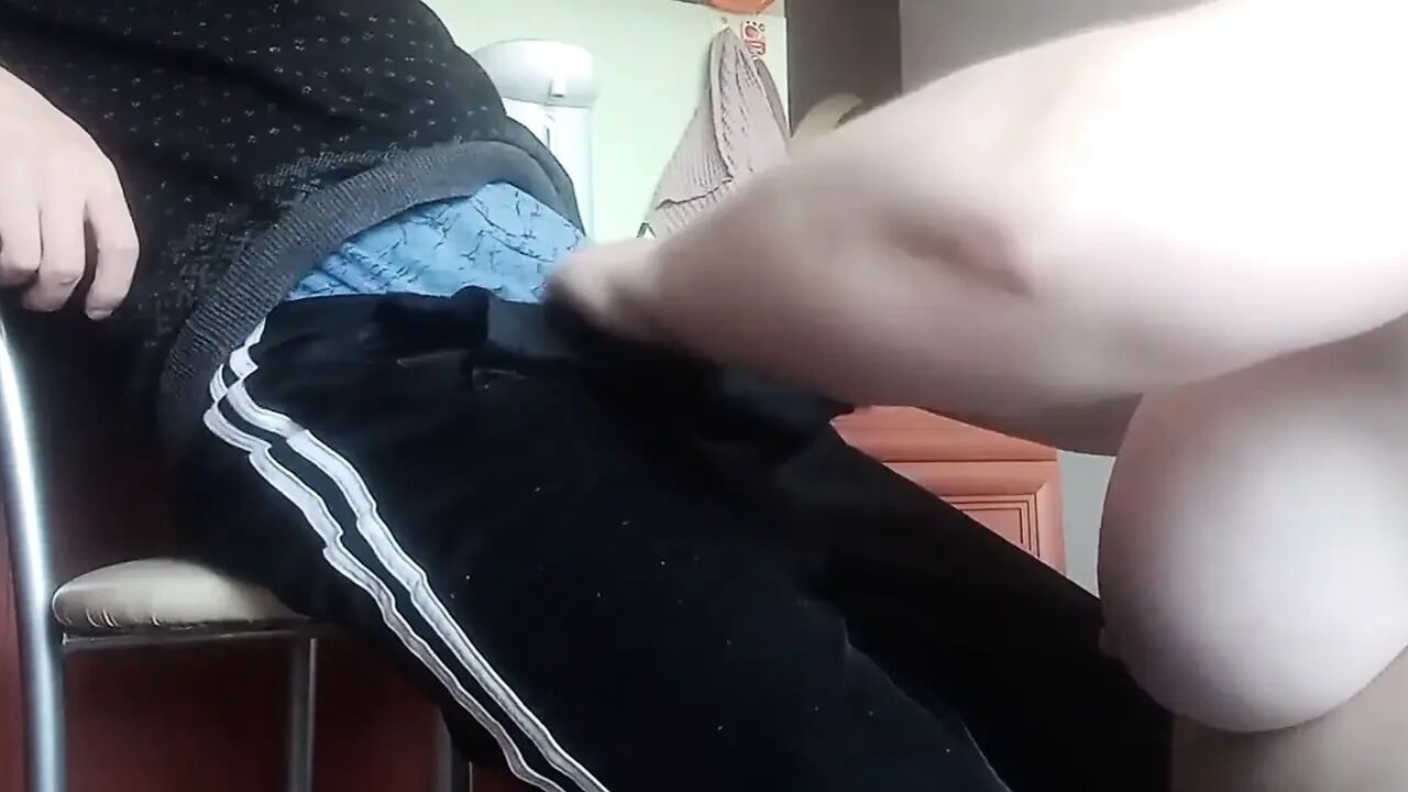 A fat woman naked jerks off my cock to a cumshot in the kitchen