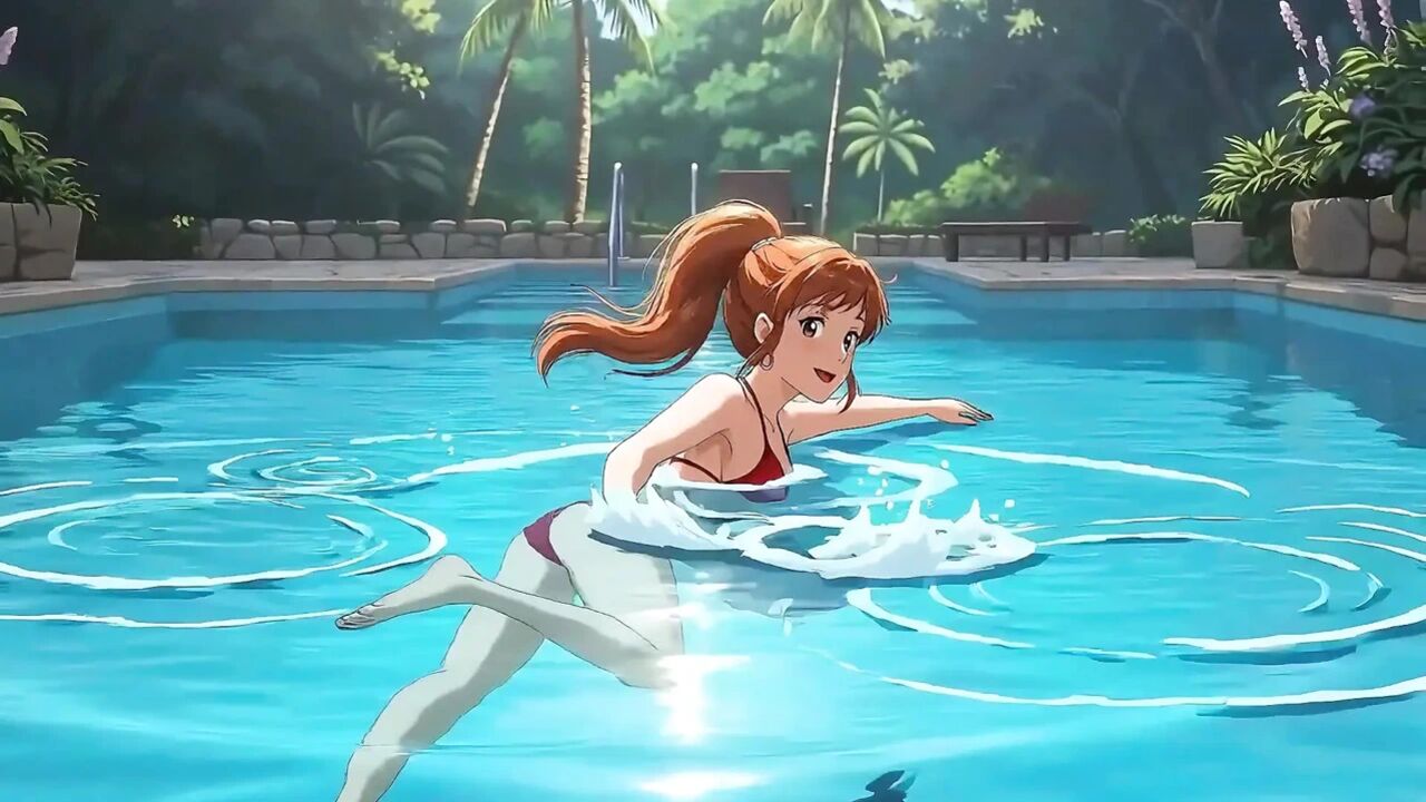 AI Girl Sensually on the Pool - Studio Ghibli Style