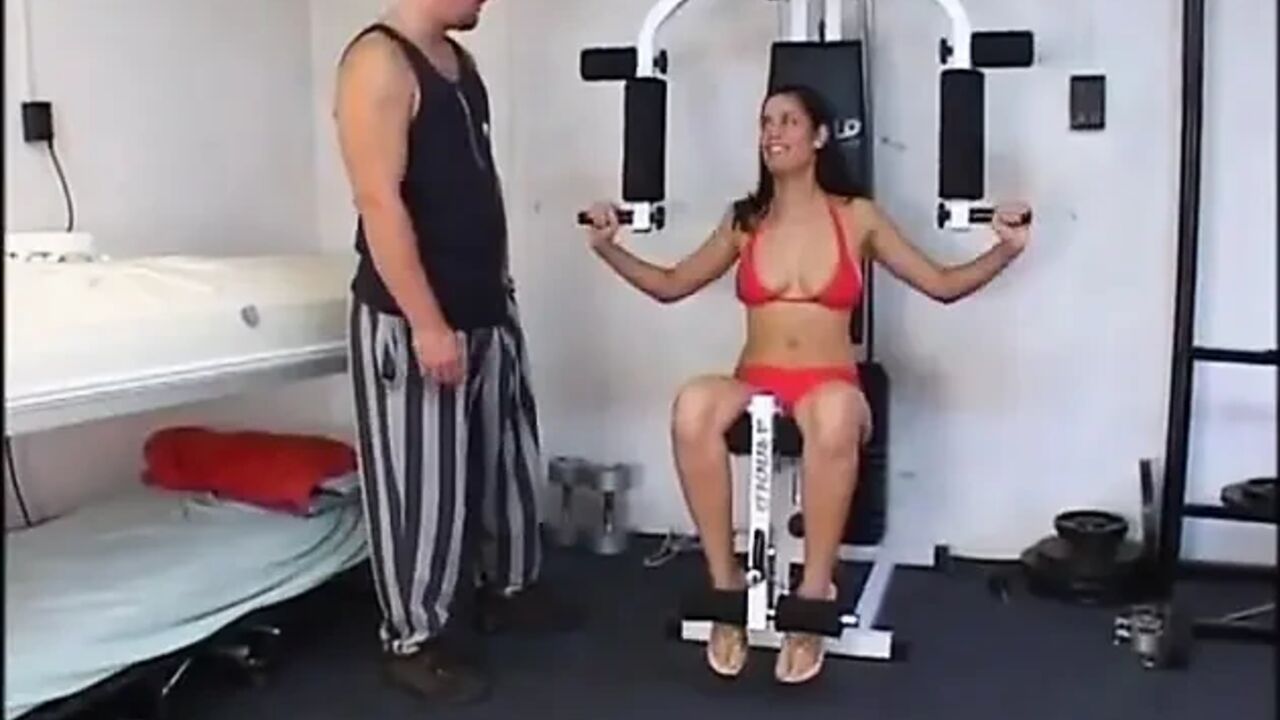 Big boobs girl hairy pussy fucking in the gym. Cum on hairy pussy