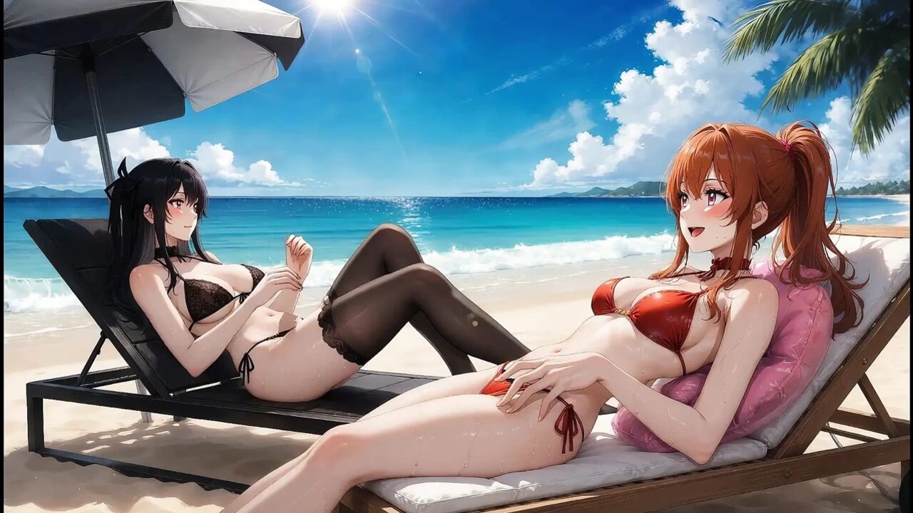 AI Gothic Beauty Meets Redhead Beauty – Beach Crossover (Eating Ice Pops)