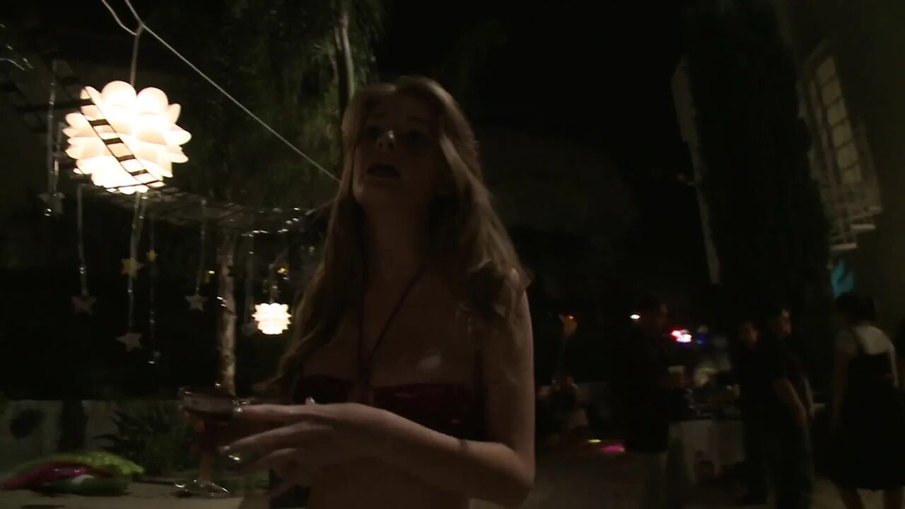 Gorgeous ginger gets loose during a party and gets threesome fuck
