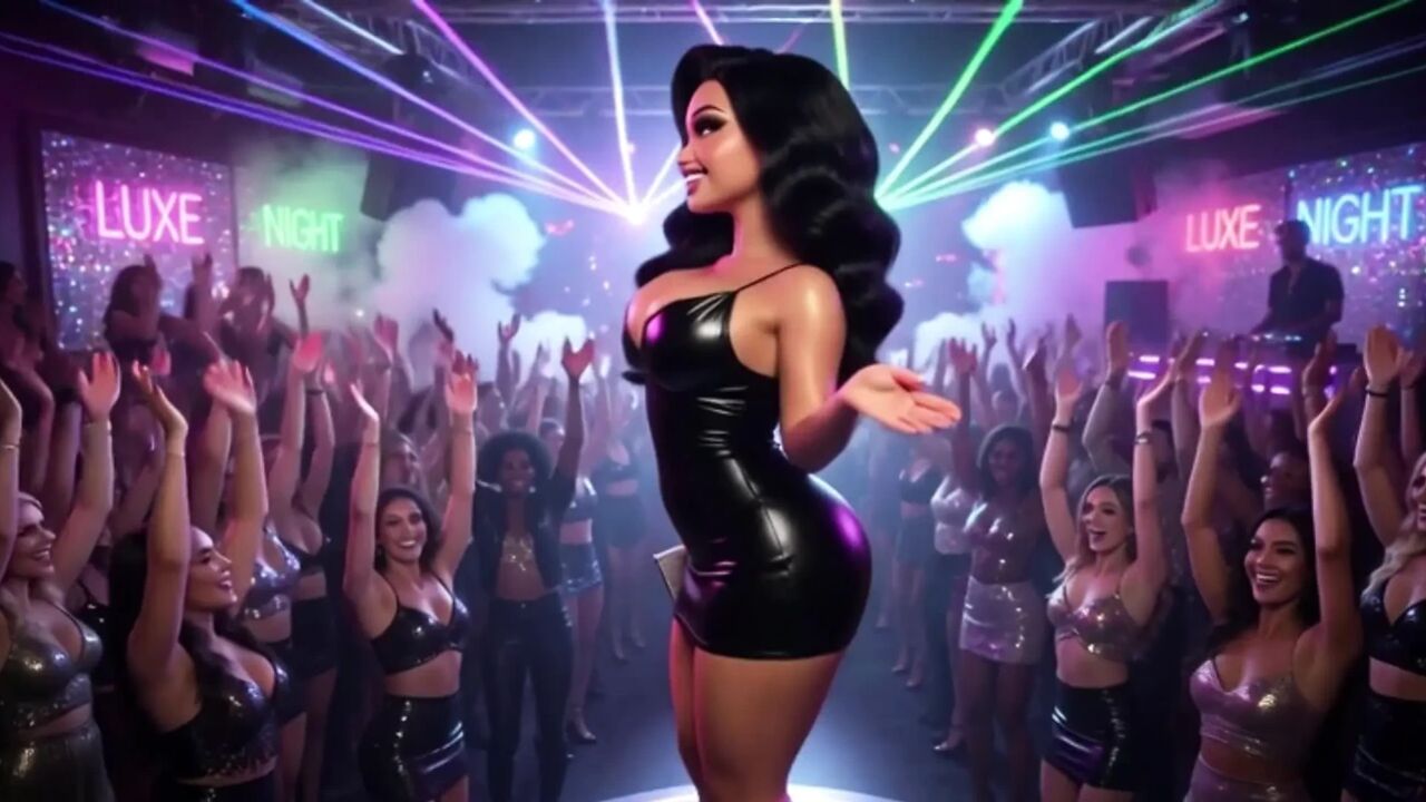 Beautiful Woman Enjoys Exciting Night At Vibrant Club Dancing Kissing Men And Becoming Fully Nude On All Fours