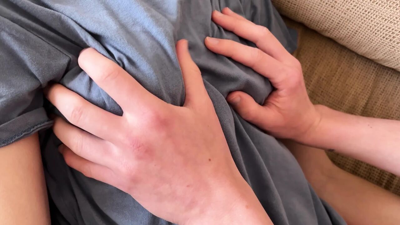 My slutty stepsister let me cum on her teen tits, tender handjob
