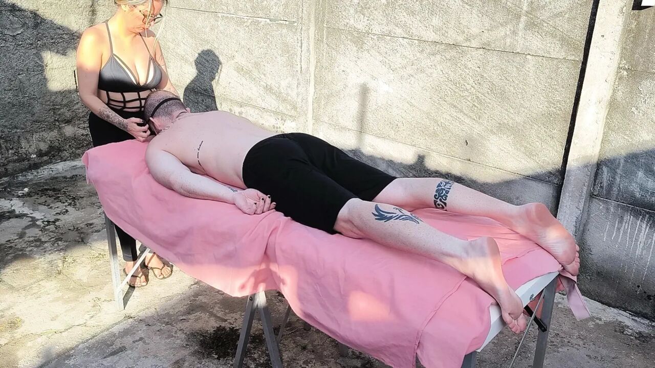 Nude massage outdoors with hot blonde