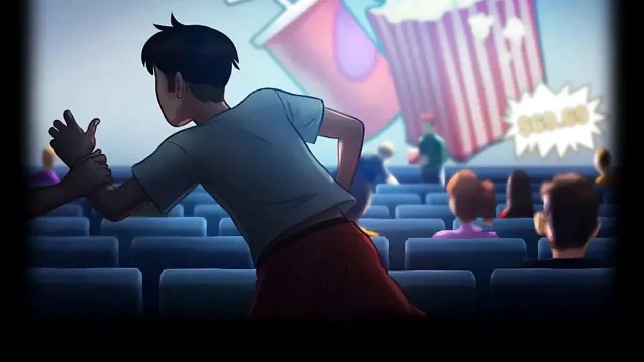 Summertime saga: stepbrother fingers his stepsister in the cinema