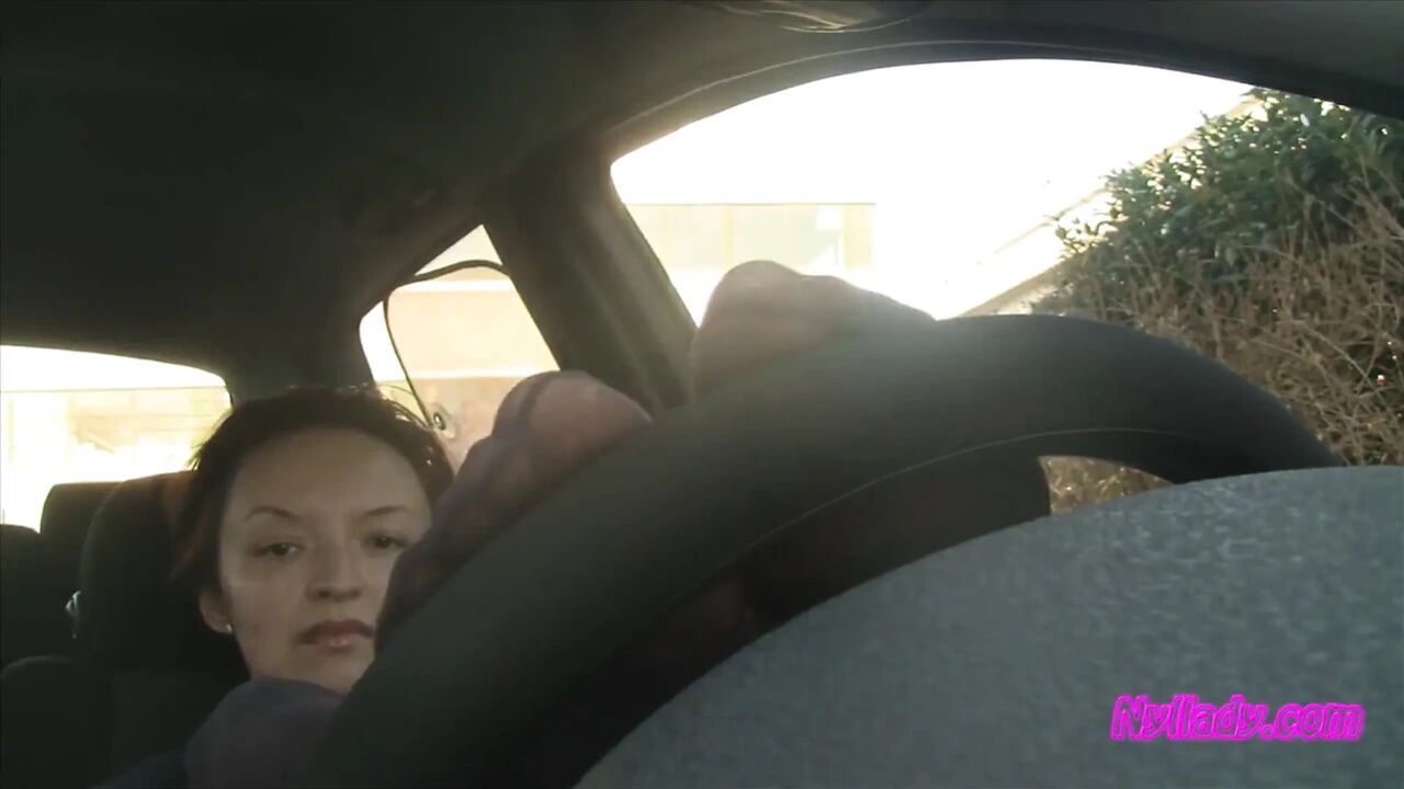 Nyllady's Footjob to Gearshift and Wheel in Patterned Pantyhose