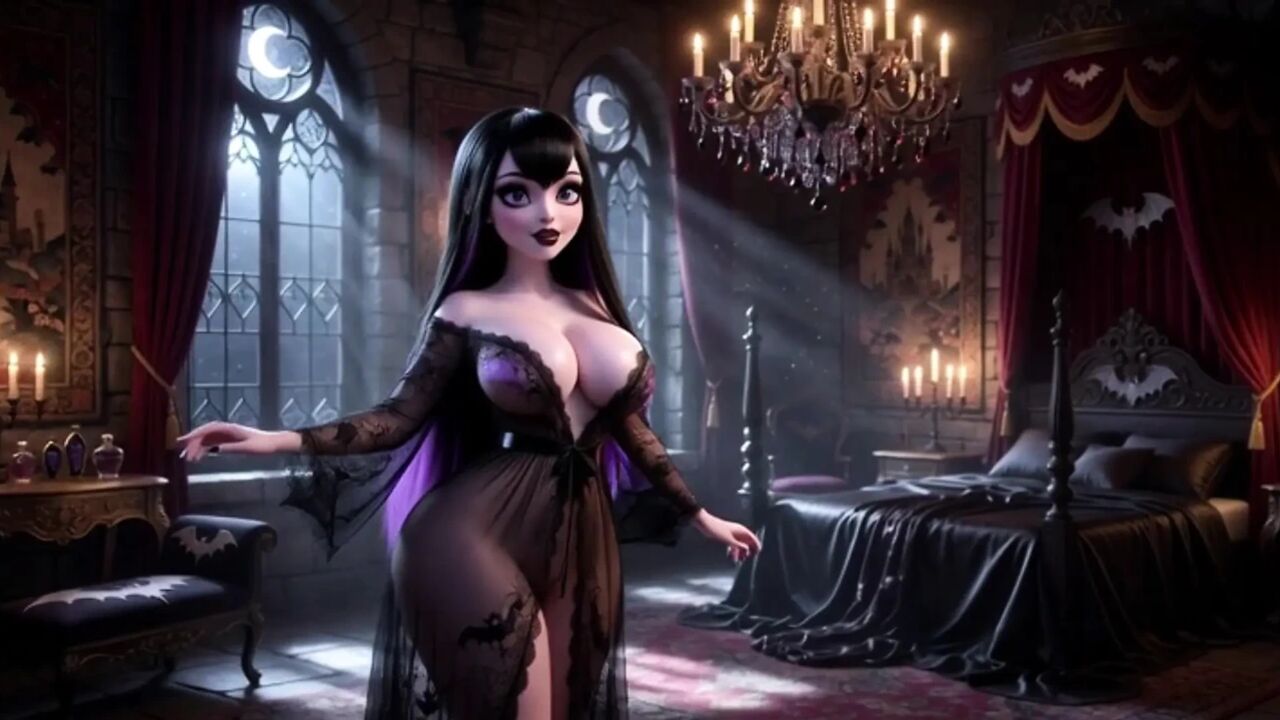 Mavis Dracula Passionate Night In Hotel Transylvania Gothic Suite With Classic Dress Pulled Aside For Pleasure