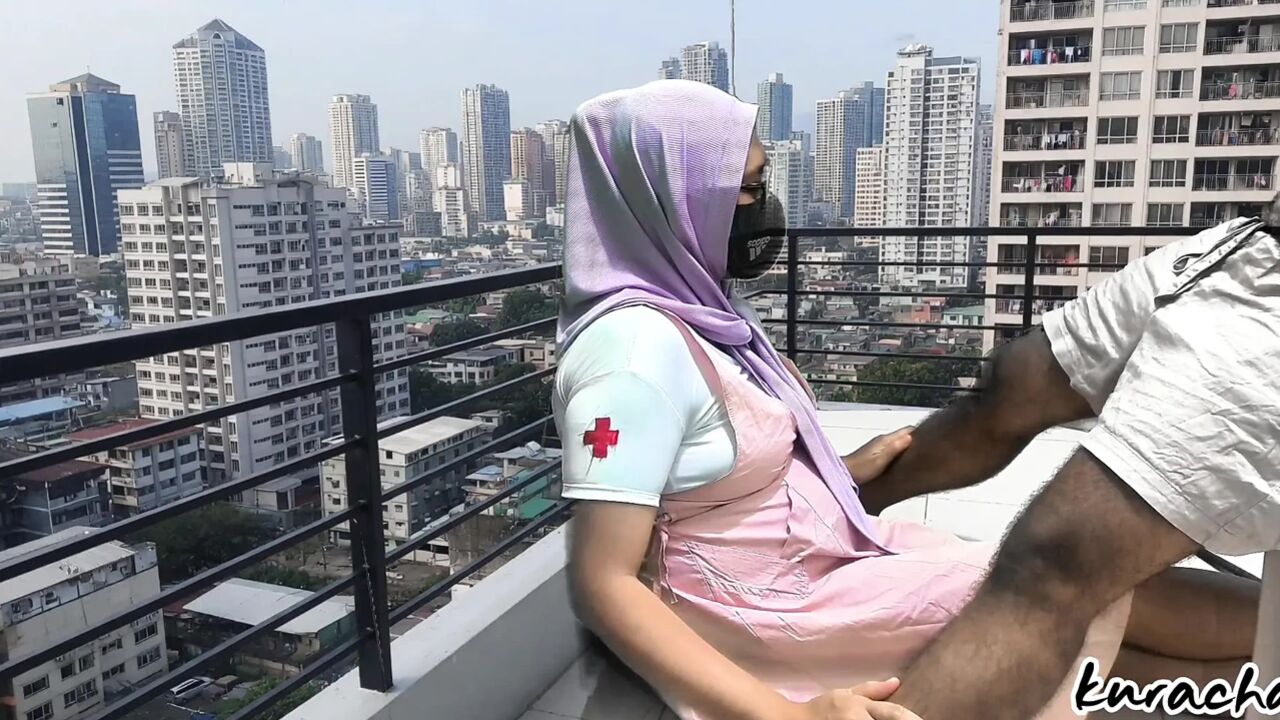 Hijab Cheating Nurse Step Sister blowjob at hospital Balcony