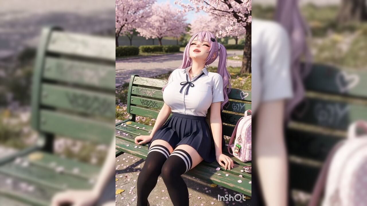Pink hairy hentai schoolgirl cosplay masturbates and fucks outdoors on park bench