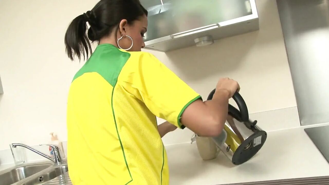 Babe in Brazil Uniform Strips and Plays Solo in the Kitchen