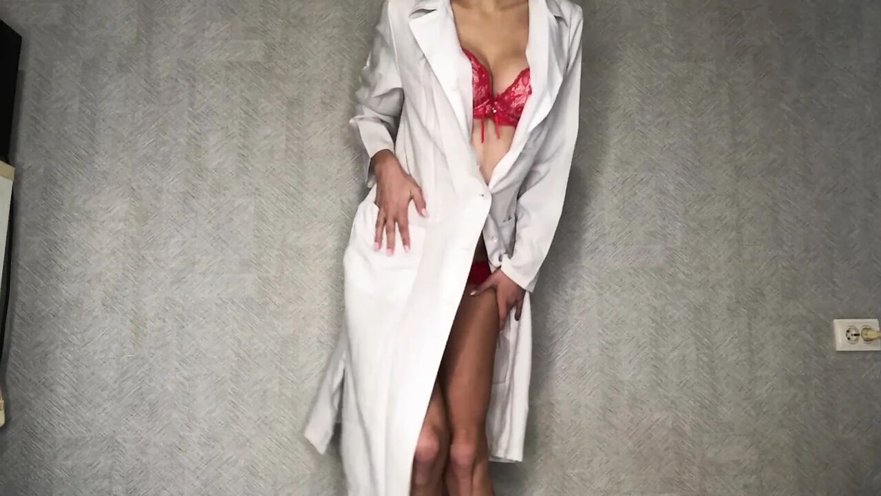 Horny Nurse Fucks Dildo to Orgasm in Red Underwear