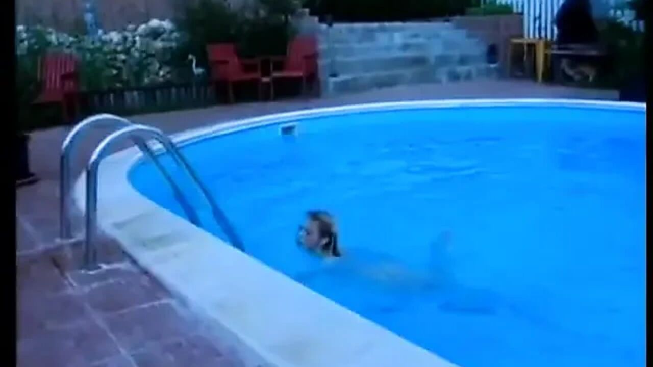 Sexy slut gives bj by the pool and takes facial cumshot on lawn chair