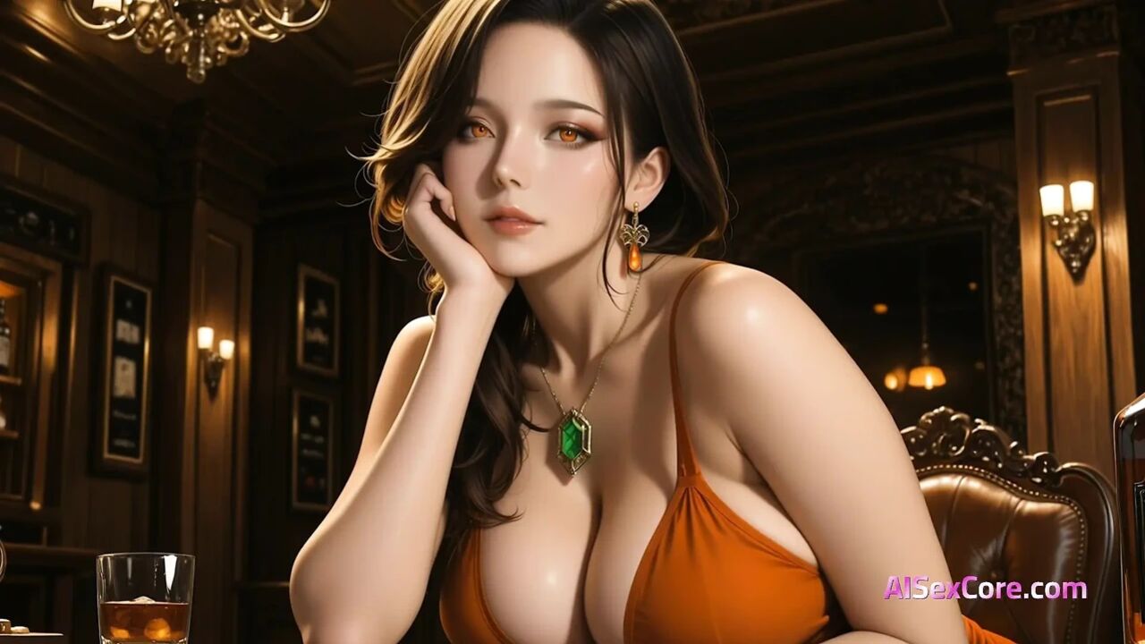 Brunette with big tits lounges in whiskey bar and gets fucked hard before a juicy cumshot