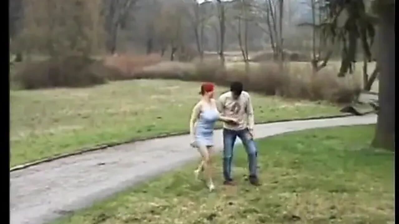 Busty redhead slut sucking and fucking big cock outdoors