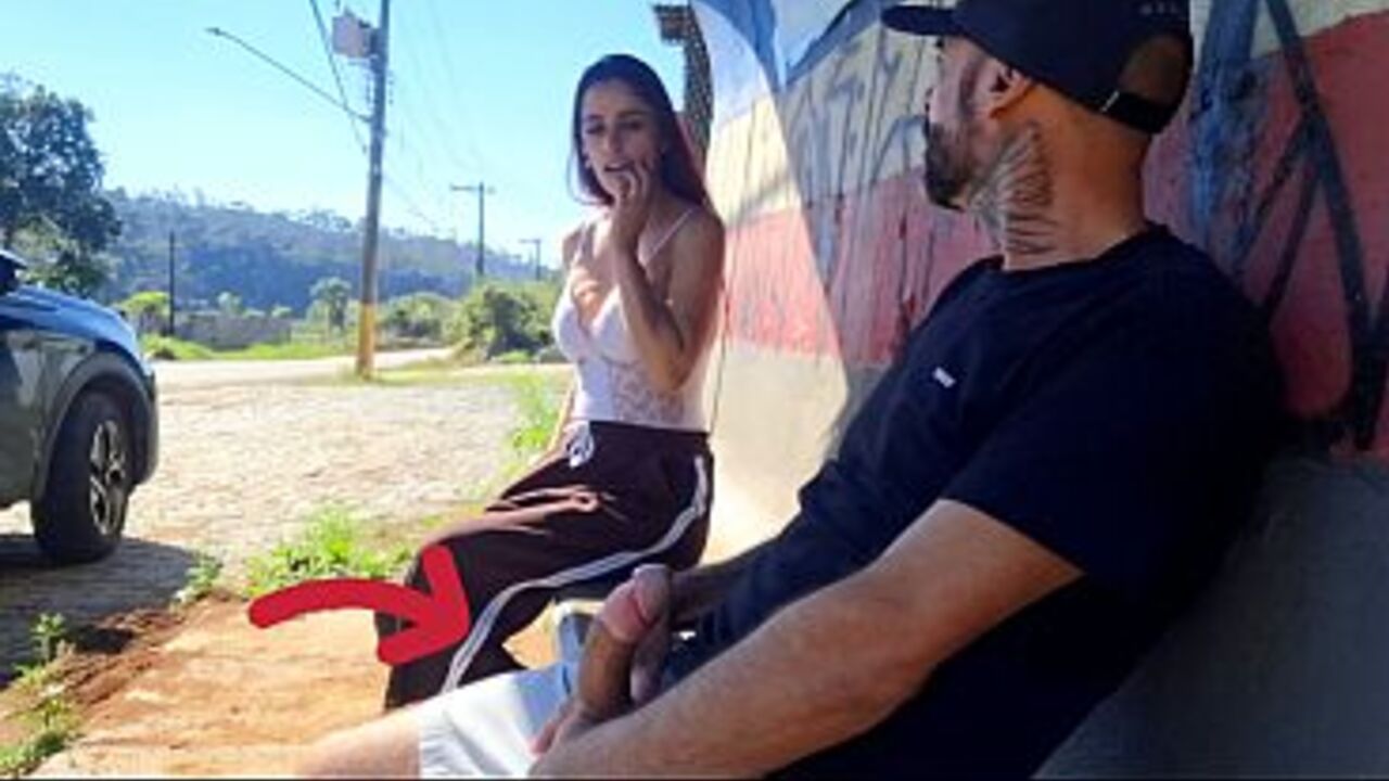 Risky masturbation with a stranger at a public bus stop!